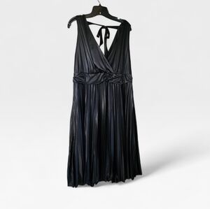 Black Pleated V-Neck Midi Dress with Tie-Back